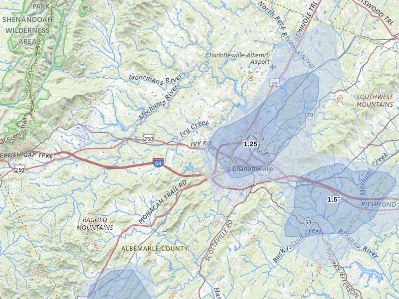 NEXRAD radar-signature map of the hail over Charlottesville, VA