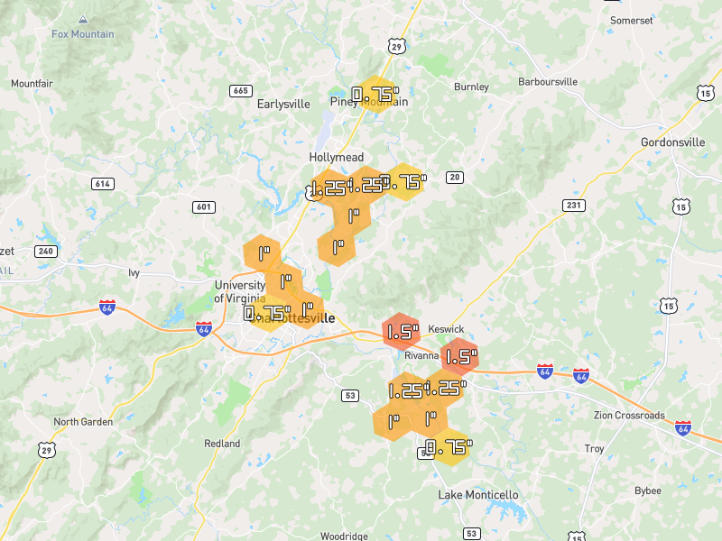 Hail map of Charlottesville, VA on Jul 4, 2026, hail up to 1.5"