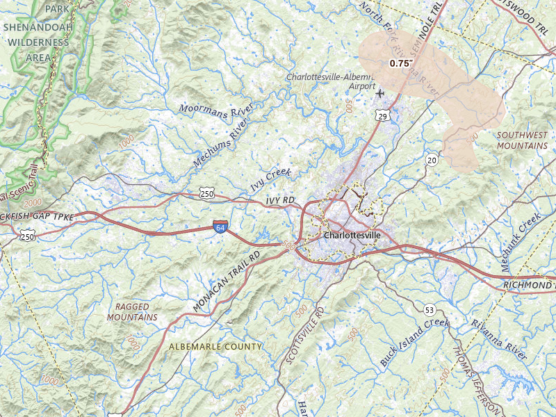 Radar-estimated hail-size map of the storm over Charlottesville, VA on Jul 6, 2026