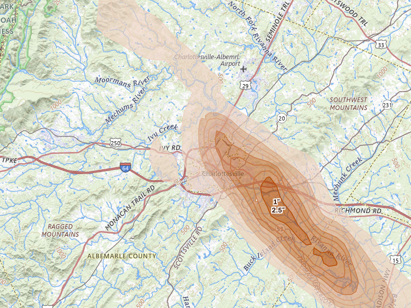 Radar-estimated hail-size map of the storm over Charlottesville, VA on Aug 14, 2026