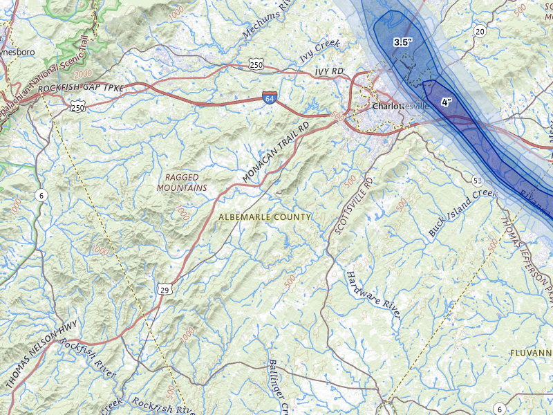 NEXRAD radar-signature map of the hail storm over Charlottesville, VA on Aug 14, 2026