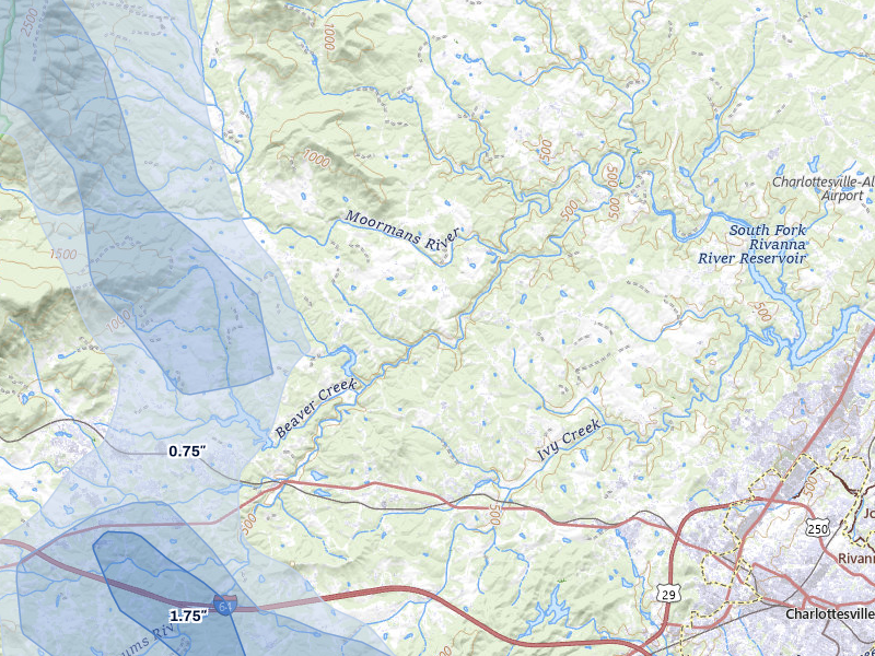 NEXRAD radar-signature map of the hail storm over Charlottesville, VA on Aug 16, 2026
