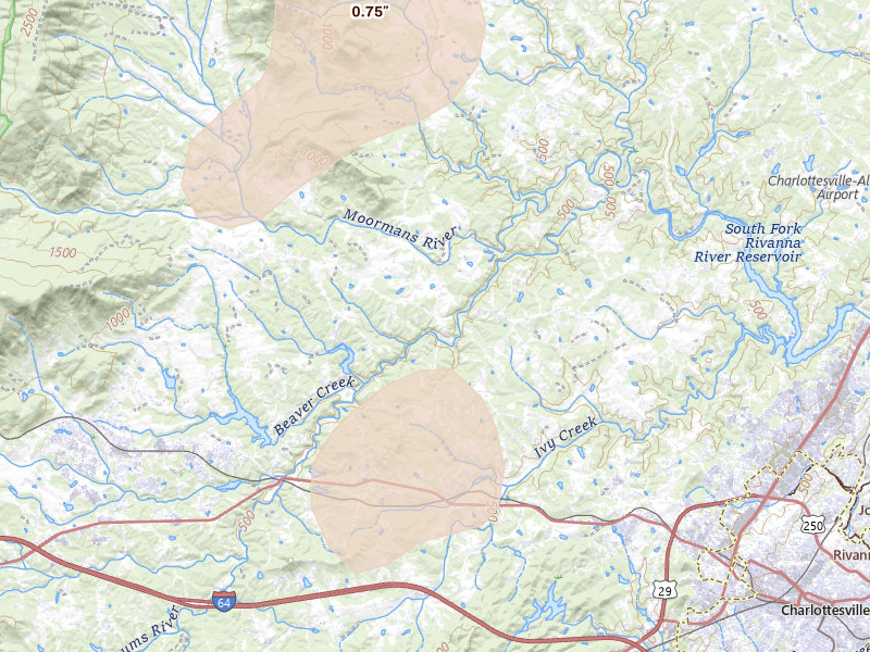 Radar-estimated hail-size map of the storm over Charlottesville, VA on Aug 22, 2026