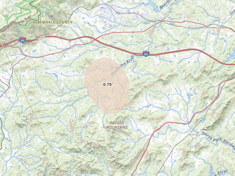 Radar-estimated hail-size map of the storm over Charlottesville, VA on Sep 2, 2026