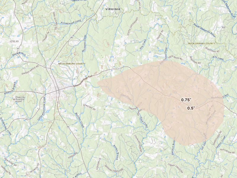 Radar-estimated hail-size map of the storm over Chase City, VA