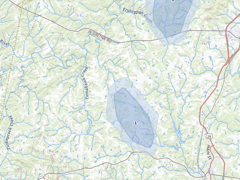 NEXRAD radar-signature map of the hail storm over Chatham, VA on Jul 4, 2026