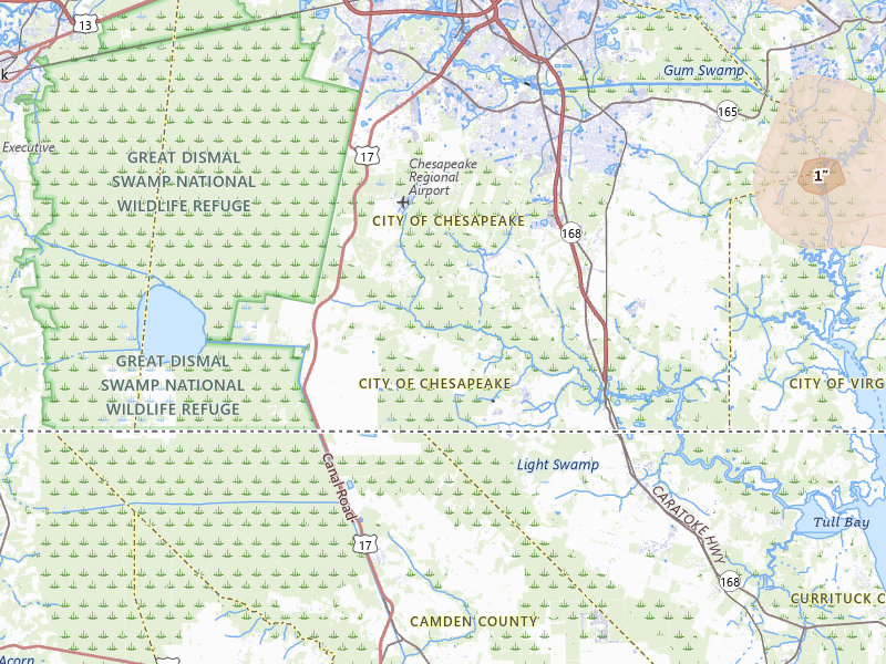 Radar-estimated hail-size map of the storm over Chesapeake, VA on Jul 6, 2026