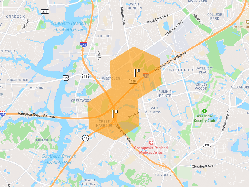 Hail map of Chesapeake, VA on Jul 21, 2026, hail up to 1"