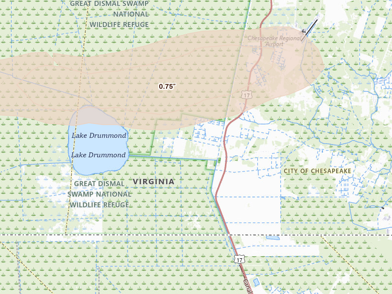 Radar-estimated hail-size map of the storm over Chesapeake, VA on Aug 10, 2026