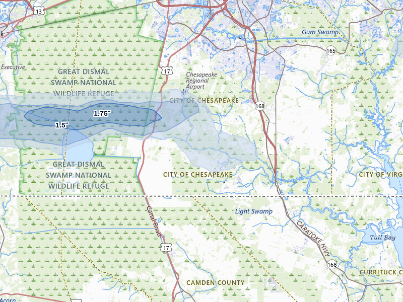 NEXRAD radar-signature map of the hail storm over Chesapeake, VA on Aug 10, 2026