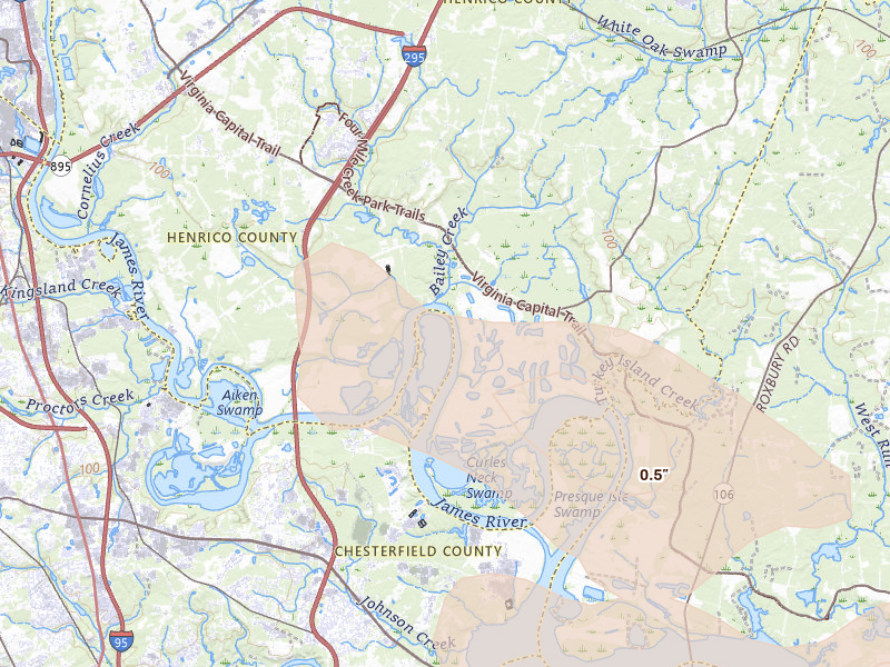 Radar-estimated hail-size map of the storm over Chester, VA on Jul 28, 2026