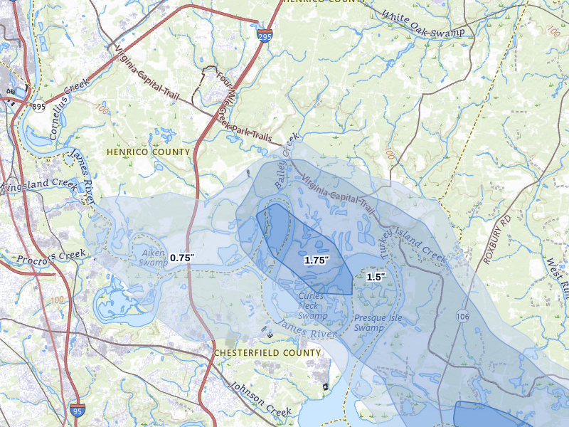NEXRAD radar-signature map of the hail over Chester, VA