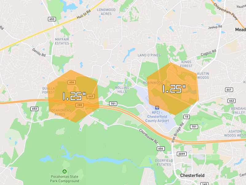 Hail map of Chesterfield, VA on Jul 6, 2026, hail up to 1.25"