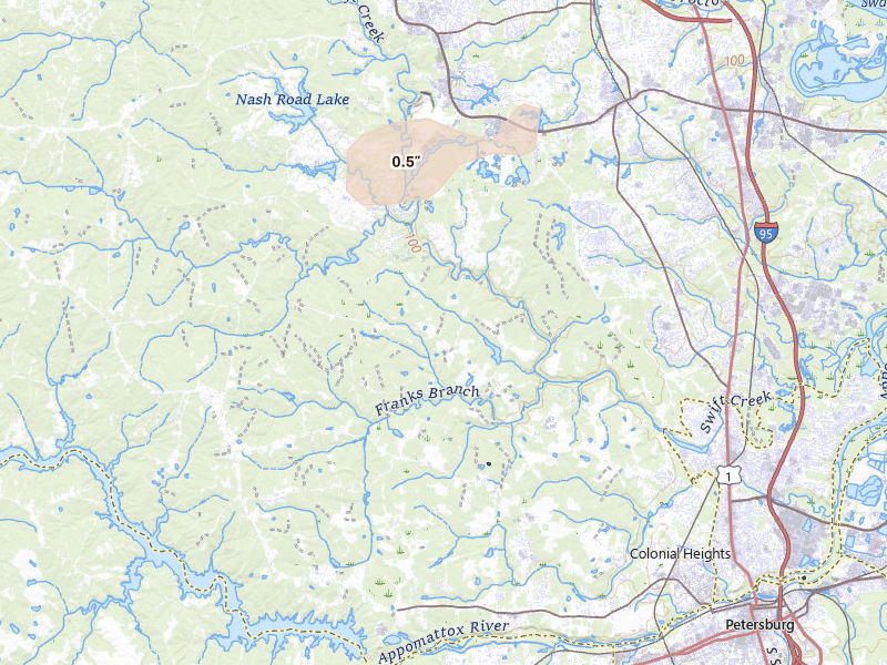 Radar-estimated hail-size map of the storm over Chesterfield, VA on Jul 18, 2026