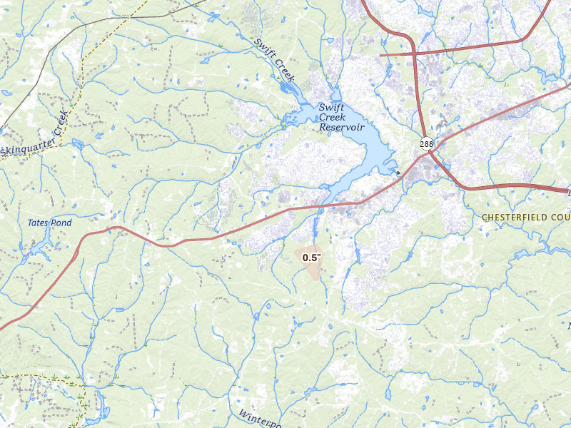 Radar-estimated hail-size map of the storm over Chesterfield, VA on Aug 10, 2026