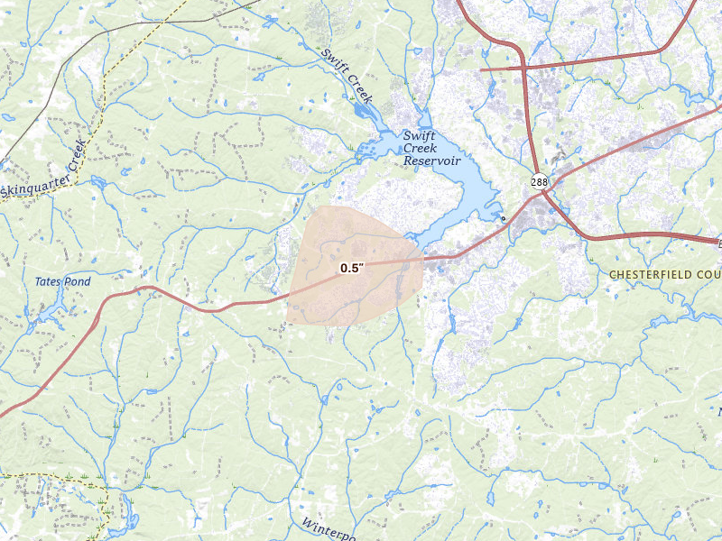 Radar-estimated hail-size map of the storm over Chesterfield, VA on Aug 20, 2026