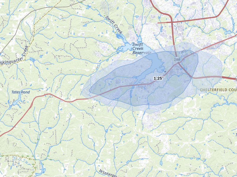 NEXRAD radar-signature map of the hail storm over Chesterfield, VA on Aug 20, 2026
