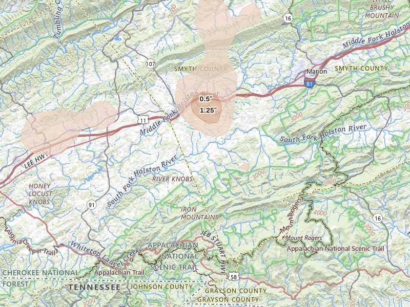 Radar-estimated hail-size map of the storm over Chilhowie, VA on Jul 4, 2026