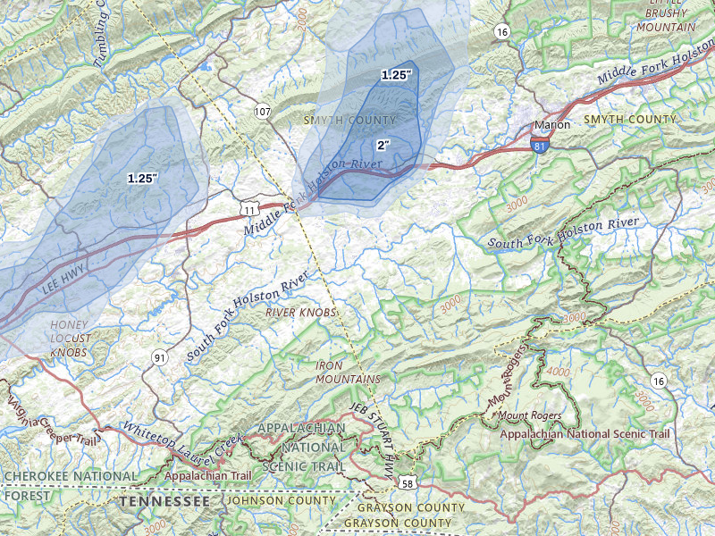NEXRAD radar-signature map of the hail storm over Chilhowie, VA on Jul 4, 2026