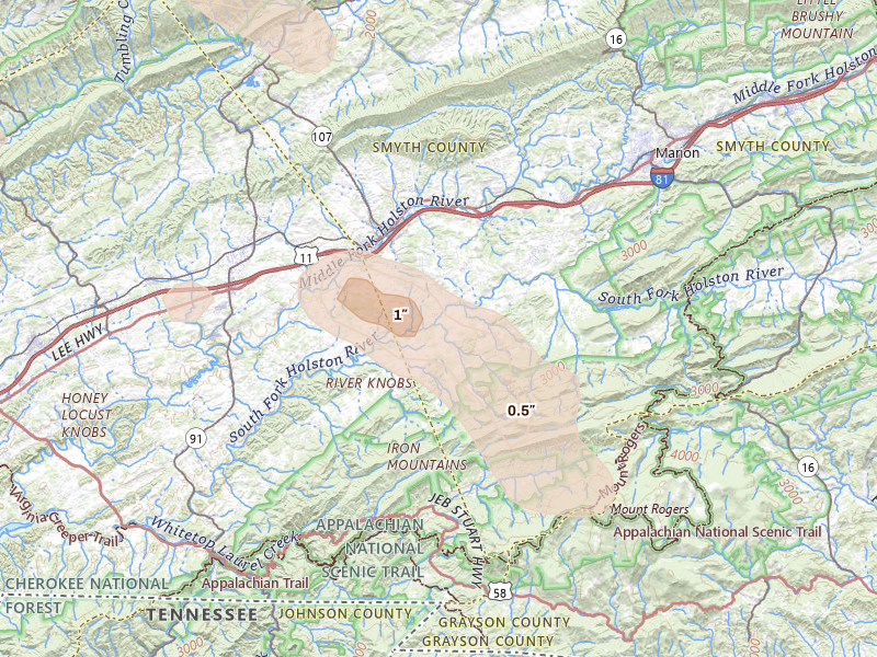 Radar-estimated hail-size map of the storm over Chilhowie, VA on Aug 11, 2026