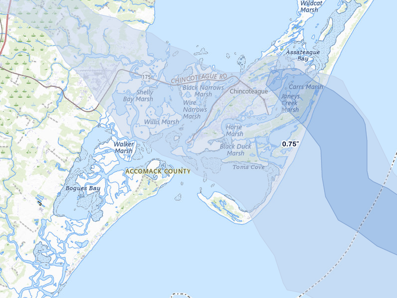 NEXRAD radar-signature map of the hail over Chincoteague Island, VA