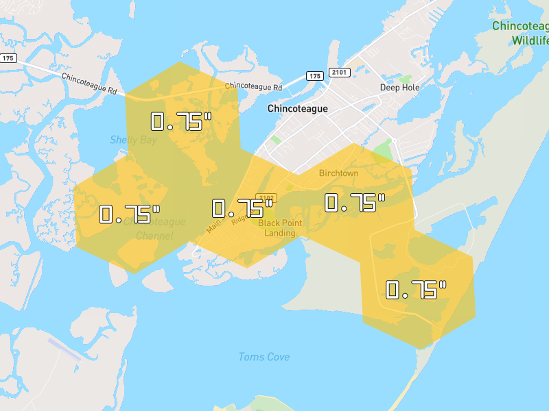 Hail map of Chincoteague Island, VA on Jul 10, 2026, hail up to 0.75"