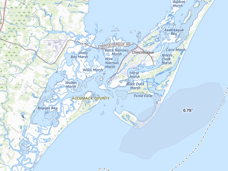 NEXRAD radar-signature map of the hail over Chincoteague Island, VA