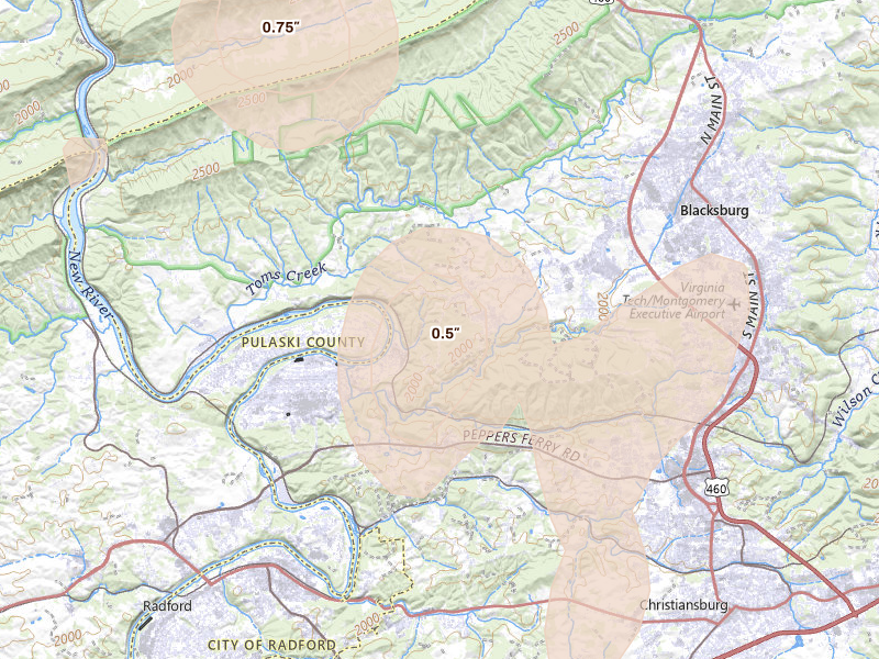 Radar-estimated hail-size map of the storm over Christiansburg, VA on Jul 4, 2026