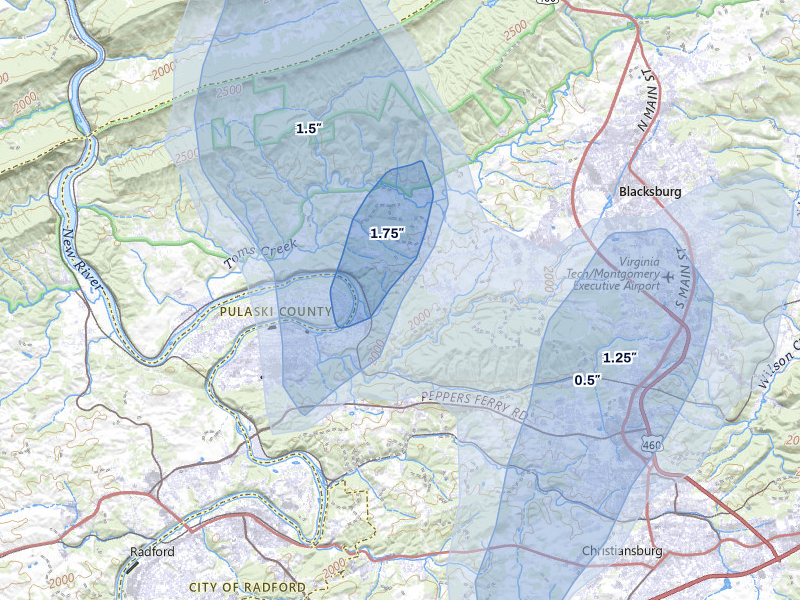 NEXRAD radar-signature map of the hail over Christiansburg, VA