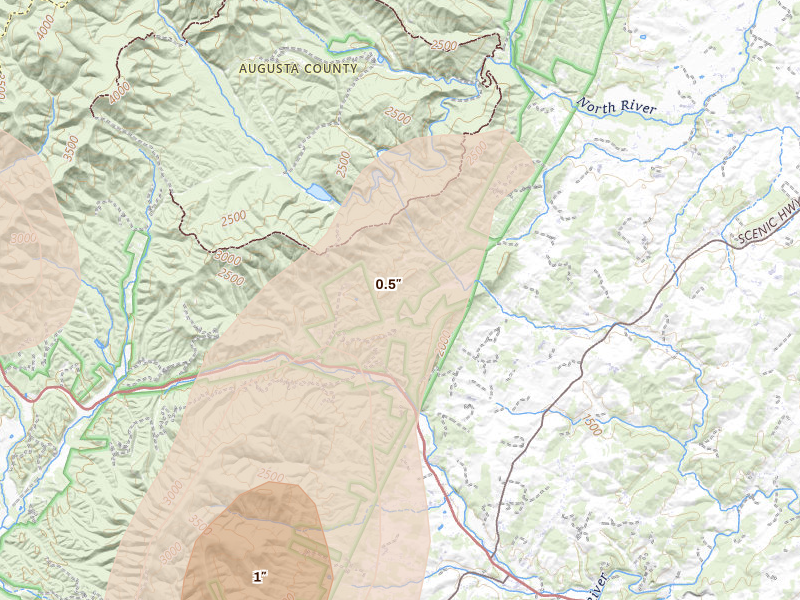 Radar-estimated hail-size map of the storm over Churchville, VA on Jul 4, 2026