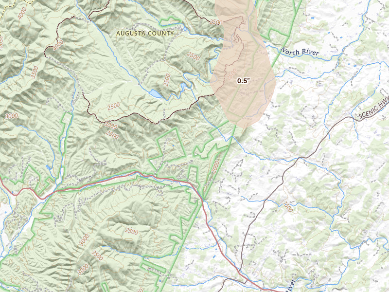 Radar-estimated hail-size map of the storm over Churchville, VA on Jul 6, 2026