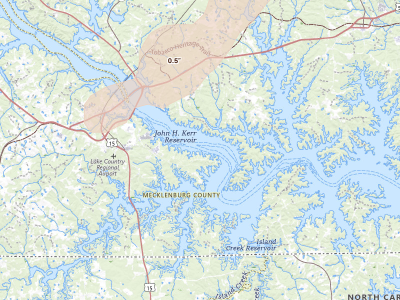 Radar-estimated hail-size map of the storm over Clarksville, VA on Jul 20, 2026