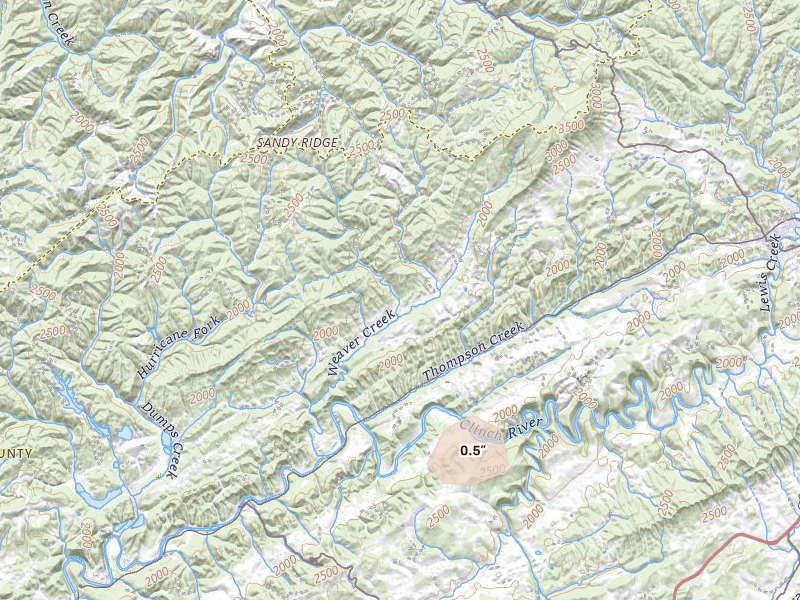 Radar-estimated hail-size map of the storm over Cleveland, VA on Jul 6, 2026