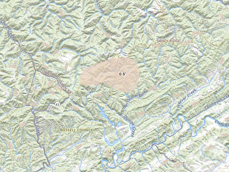 Radar-estimated hail-size map of the storm over Cleveland, VA on Aug 22, 2026