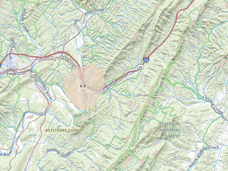Radar-estimated hail-size map of the storm over Clifton Forge, VA on Jul 4, 2026
