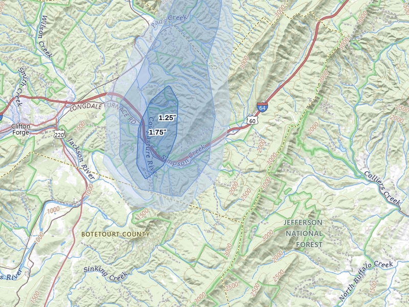 NEXRAD radar-signature map of the hail over Clifton Forge, VA