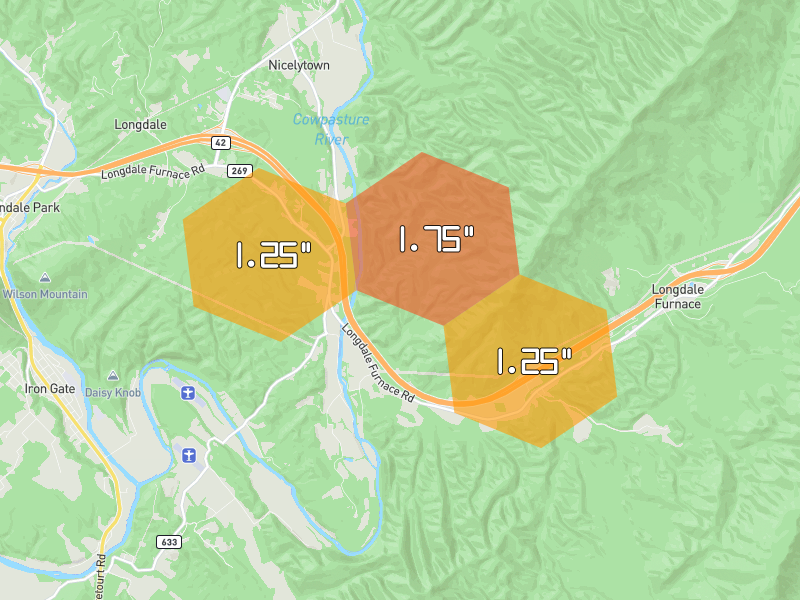 Hail map of Clifton Forge, VA on Jul 4, 2026, hail up to 1.75"