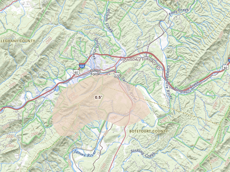 Radar-estimated hail-size map of the storm over Clifton Forge, VA on Aug 22, 2026
