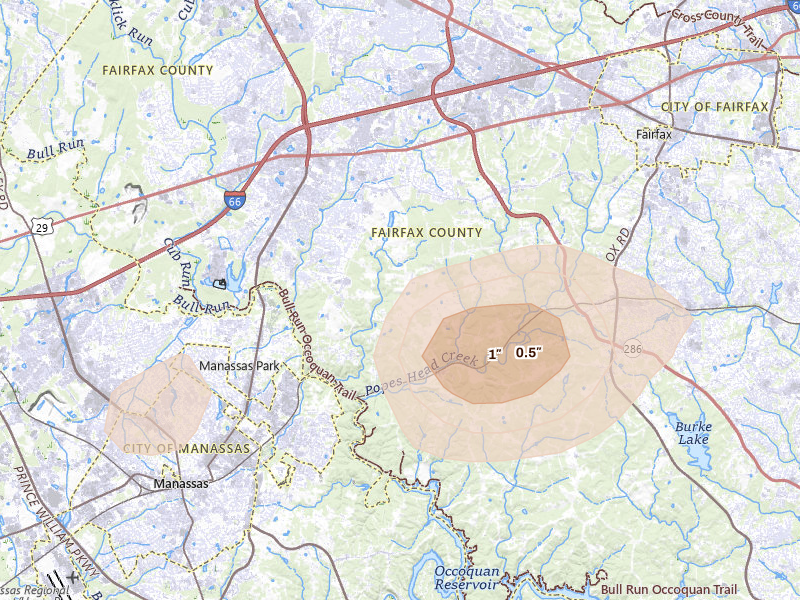Radar-estimated hail-size map of the storm over Clifton, VA on Jun 22, 2026
