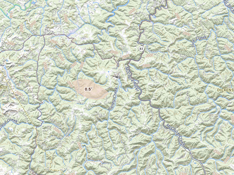 Radar-estimated hail-size map of the storm over Clintwood, VA on Aug 11, 2026