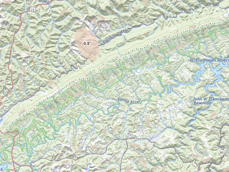 Radar-estimated hail-size map of the storm over Clintwood, VA on Aug 14, 2026