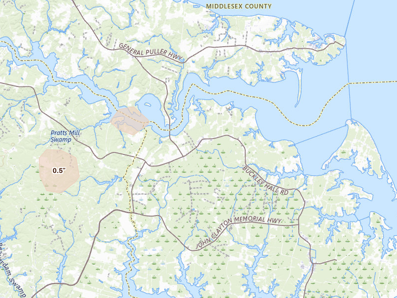 Radar-estimated hail-size map of the storm over Cobbs Creek, VA on Jul 18, 2026