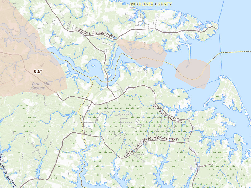Radar-estimated hail-size map of the storm over Cobbs Creek, VA on Jul 28, 2026