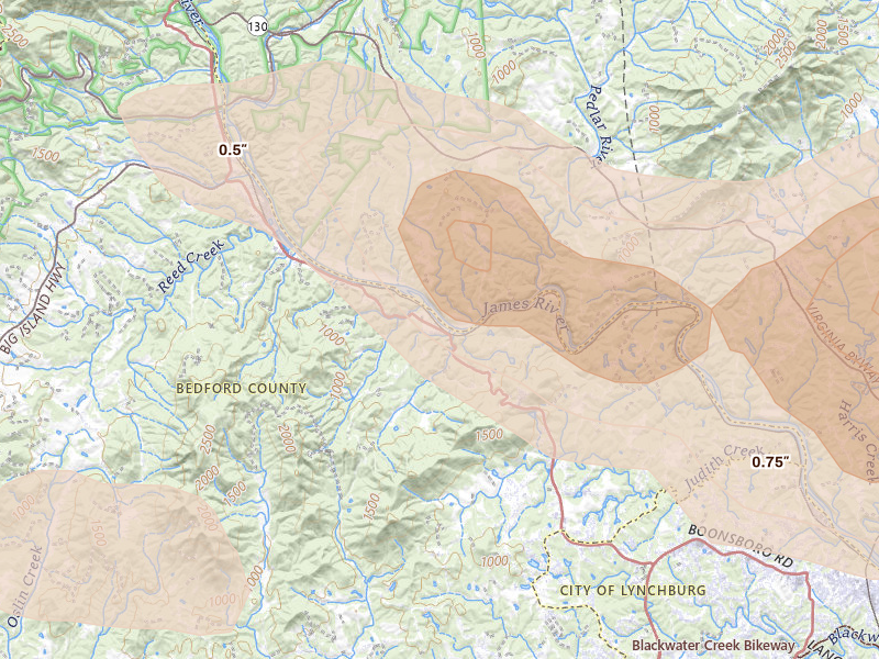 Radar-estimated hail-size map of the storm over Coleman Falls, VA on May 27, 2026