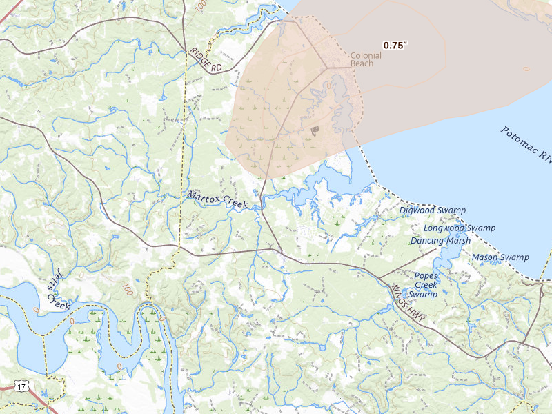 Radar-estimated hail-size map of the storm over Colonial Beach, VA on Jul 4, 2026