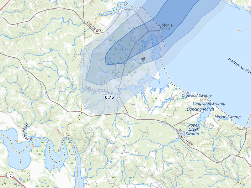 NEXRAD radar-signature map of the hail over Colonial Beach, VA