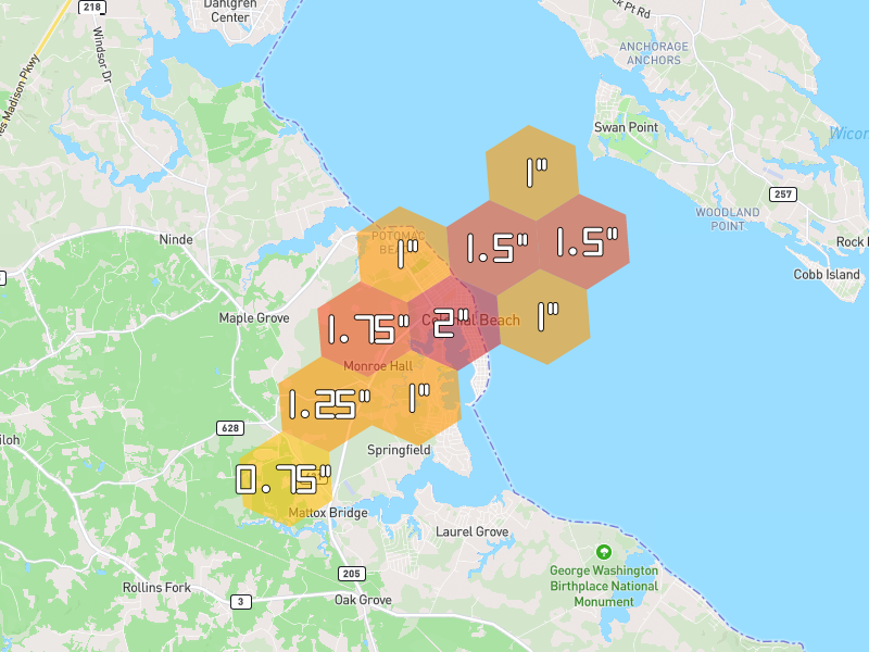 Hail map of Colonial Beach, VA on Jul 4, 2026, hail up to 2"