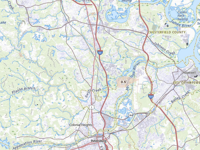 Radar-estimated hail-size map of the storm over Colonial Heights, VA on Aug 16, 2026