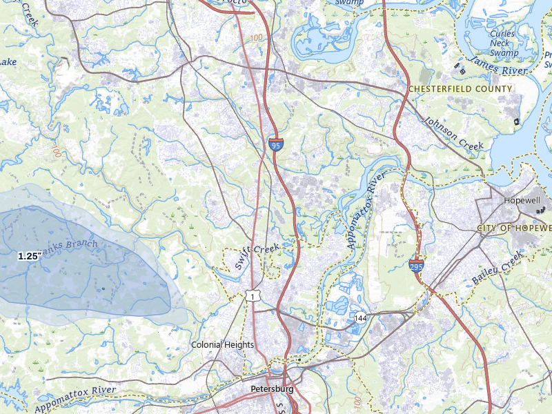 NEXRAD radar-signature map of the hail storm over Colonial Heights, VA on Aug 16, 2026