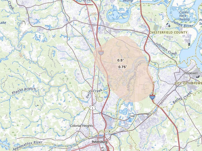 Radar-estimated hail-size map of the storm over Colonial Heights, VA on Sep 2, 2026